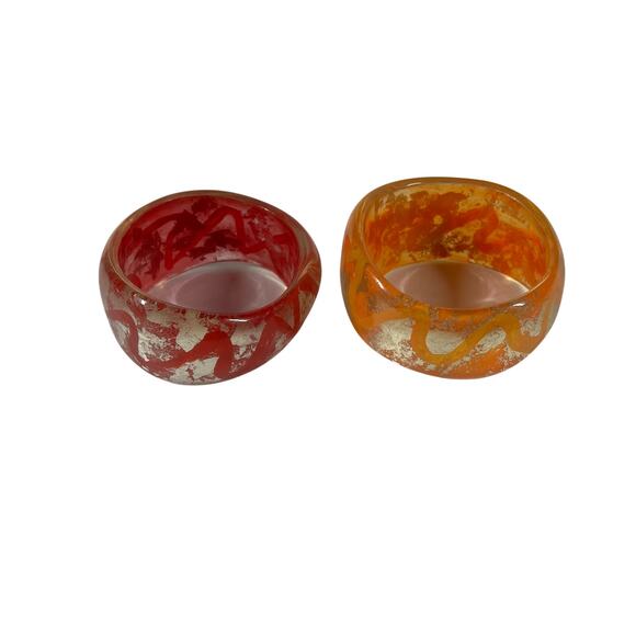 Resin Bangle Bracelets Womens Set of 2 Red Orange Silver Foil Wide Chunky Style - Picture 8 of 13